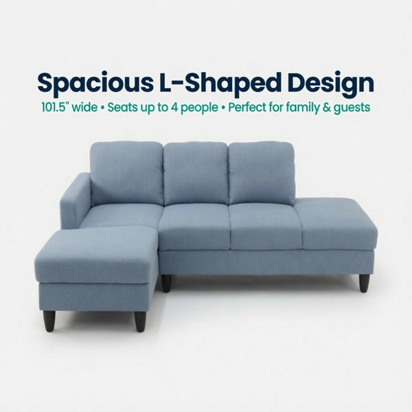 English Elm 101.5 Inch Calico Fabric L-Shaped Sectional Sofa with Ottoman and Hand-Tied Springs Grayish Blue Left Chaise B082S00165