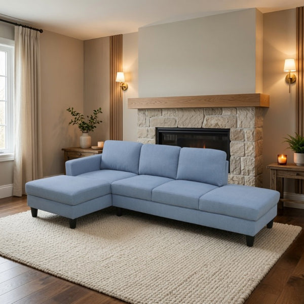 English Elm 101.5 Inch Calico Fabric L-Shaped Sectional Sofa with Ottoman and Hand-Tied Springs Grayish Blue Left Chaise B082S00165