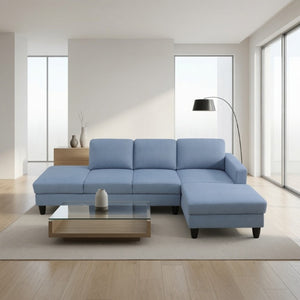 English Elm 101.5 Inch Calico Fabric L-Shaped Sectional with Ottoman and Tapered Wood Legs Grayish Blue Right Chaise B082S00166