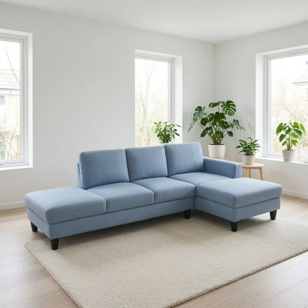 English Elm 101.5 Inch Calico Fabric L-Shaped Sectional with Ottoman and Tapered Wood Legs Grayish Blue Right Chaise B082S00166