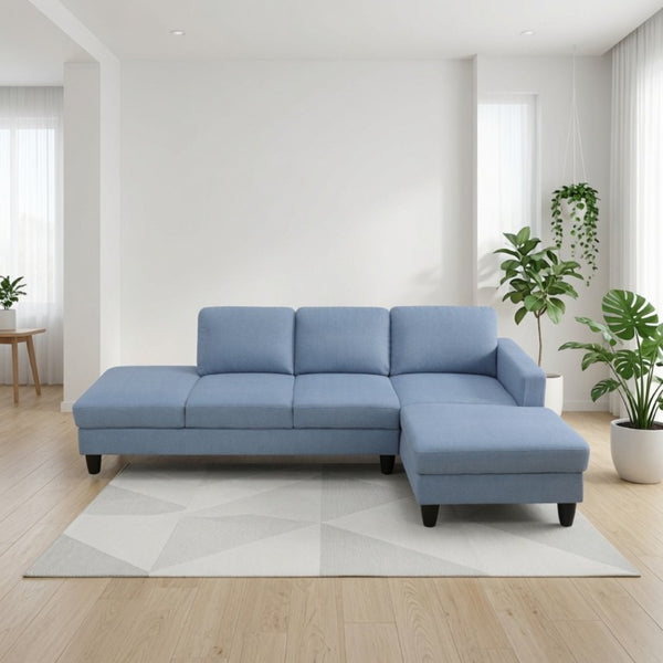 English Elm 101.5 Inch Calico Fabric L-Shaped Sectional with Ottoman and Tapered Wood Legs Grayish Blue Right Chaise B082S00166