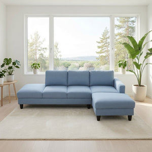 English Elm 101.5 Inch Calico Fabric L-Shaped Sectional with Ottoman and Tapered Wood Legs Grayish Blue Right Chaise B082S00166