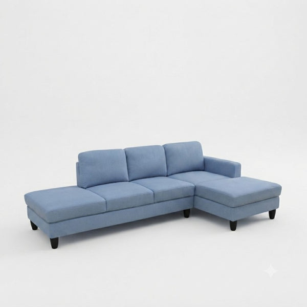 English Elm 101.5 Inch Calico Fabric L-Shaped Sectional with Ottoman and Tapered Wood Legs Grayish Blue Right Chaise B082S00166