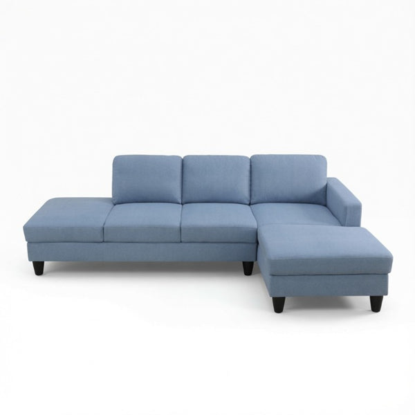 English Elm 101.5 Inch Calico Fabric L-Shaped Sectional with Ottoman and Tapered Wood Legs Grayish Blue Right Chaise B082S00166