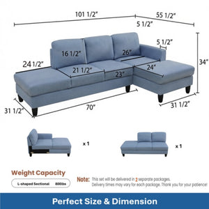 English Elm 101.5 Inch Calico Fabric L-Shaped Sectional with Ottoman and Tapered Wood Legs Grayish Blue Right Chaise B082S00166
