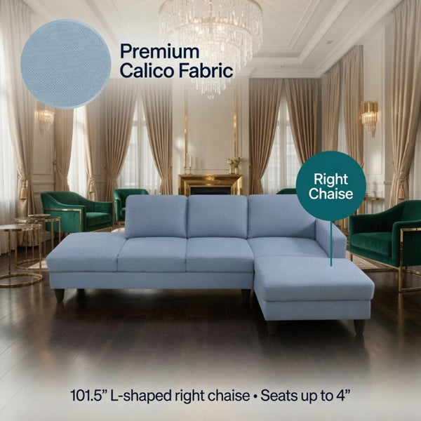 English Elm 101.5 Inch Calico Fabric L-Shaped Sectional with Ottoman and Tapered Wood Legs Grayish Blue Right Chaise B082S00166