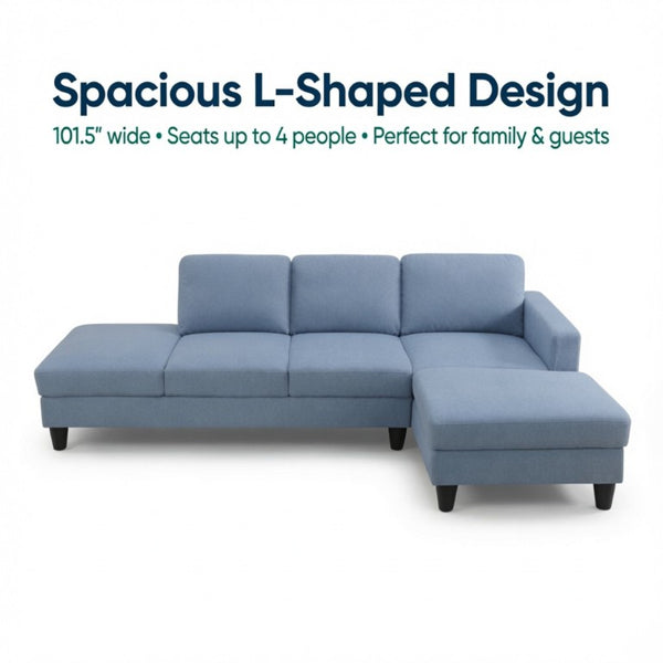 English Elm 101.5 Inch Calico Fabric L-Shaped Sectional with Ottoman and Tapered Wood Legs Grayish Blue Right Chaise B082S00166