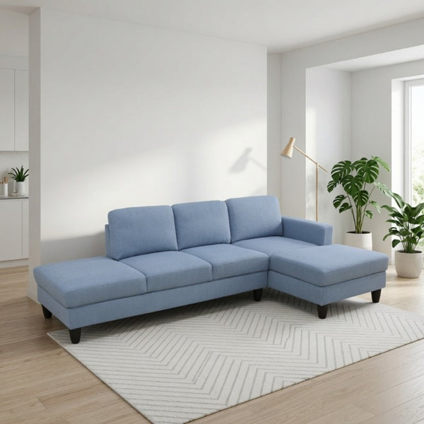 English Elm 101.5 Inch Calico Fabric L-Shaped Sectional with Ottoman and Tapered Wood Legs Grayish Blue Right Chaise B082S00166