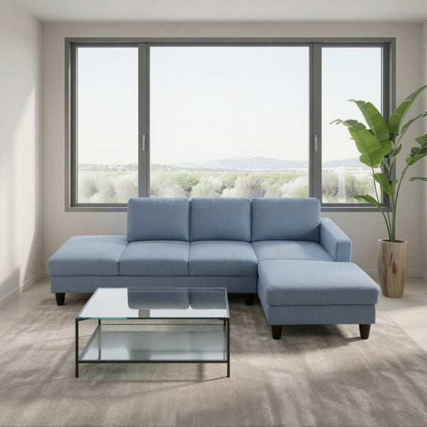 English Elm 101.5 Inch Calico Fabric L-Shaped Sectional with Ottoman and Tapered Wood Legs Grayish Blue Right Chaise B082S00166
