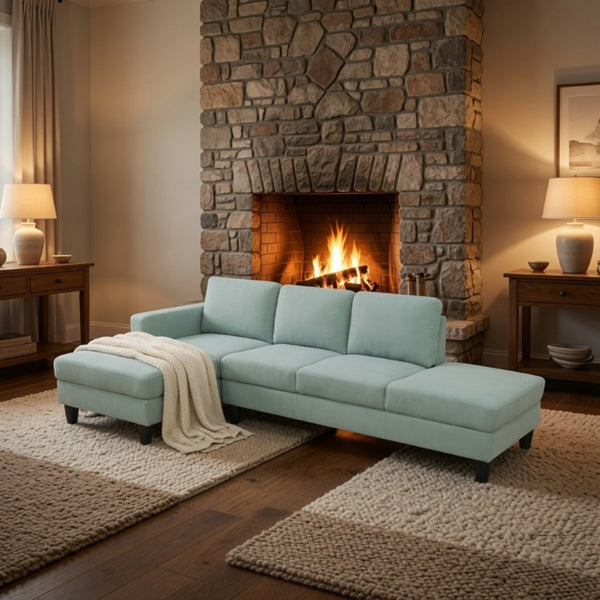 English Elm 101.5 Inch Calico Fabric L-Shaped Sectional with Ottoman and Tapered Wood Legs Pale Green Left Chaise B082S00167