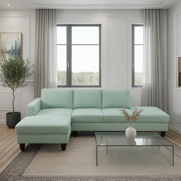 English Elm 101.5 Inch Calico Fabric L-Shaped Sectional with Ottoman and Tapered Wood Legs Pale Green Left Chaise B082S00167