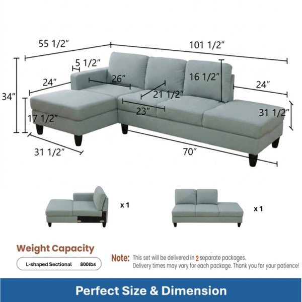 English Elm 101.5 Inch Calico Fabric L-Shaped Sectional with Ottoman and Tapered Wood Legs Pale Green Left Chaise B082S00167