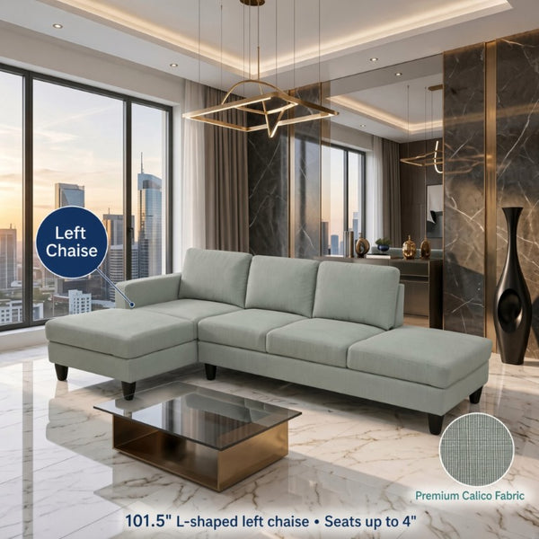 English Elm 101.5 Inch Calico Fabric L-Shaped Sectional with Ottoman and Tapered Wood Legs Pale Green Left Chaise B082S00167