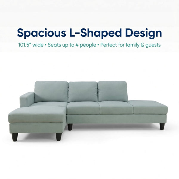 English Elm 101.5 Inch Calico Fabric L-Shaped Sectional with Ottoman and Tapered Wood Legs Pale Green Left Chaise B082S00167