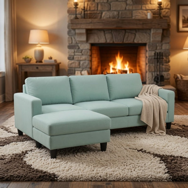 English Elm 101.5 Inch Calico Fabric L-Shaped Sectional with Ottoman and Tapered Wood Legs Pale Green Left Chaise B082S00167