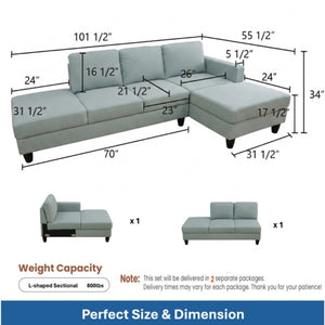 English Elm 101.5 Inch Calico Fabric Sectional Sofa with Right Chaise Ottoman and Hand-Tied Springs Pale Green Cotton Linen B082S00168