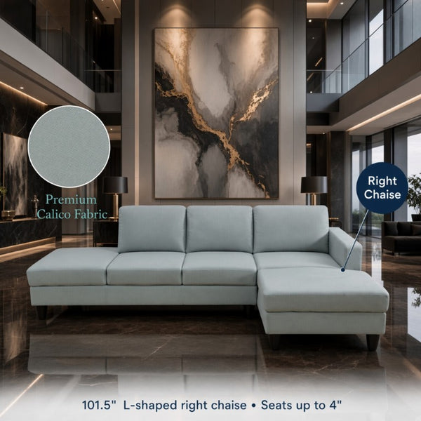 English Elm 101.5 Inch Calico Fabric Sectional Sofa with Right Chaise Ottoman and Hand-Tied Springs Pale Green Cotton Linen B082S00168