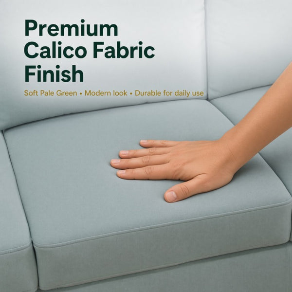 English Elm 101.5 Inch Calico Fabric Sectional Sofa with Right Chaise Ottoman and Hand-Tied Springs Pale Green Cotton Linen B082S00168