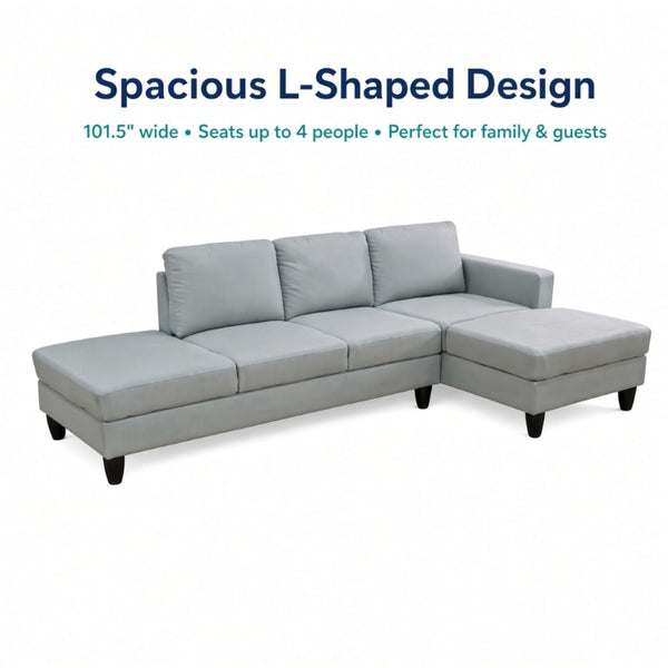 English Elm 101.5 Inch Calico Fabric Sectional Sofa with Right Chaise Ottoman and Hand-Tied Springs Pale Green Cotton Linen B082S00168