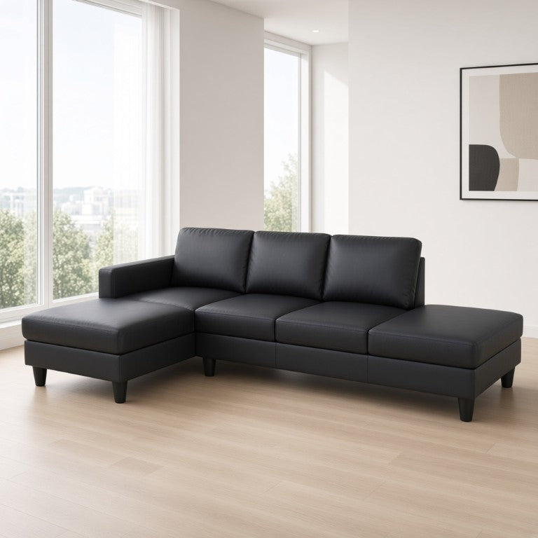 English Elm 101.5 Inch Calico Fabric Sectional Sofa with Right Chaise Ottoman and Hand-Tied Springs Black Faux Leather B082S00169