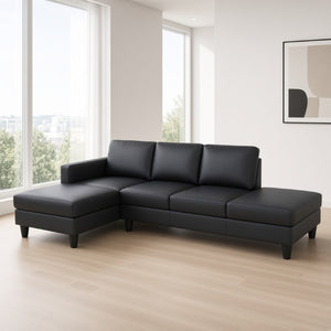 English Elm 101.5 Inch Calico Fabric Sectional Sofa with Right Chaise Ottoman and Hand-Tied Springs Black Faux Leather B082S00169