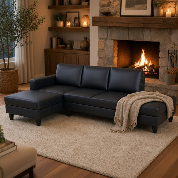 English Elm 101.5 Inch Calico Fabric Sectional Sofa with Right Chaise Ottoman and Hand-Tied Springs Black Faux Leather B082S00169