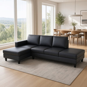 English Elm 101.5 Inch Calico Fabric Sectional Sofa with Right Chaise Ottoman and Hand-Tied Springs Black Faux Leather B082S00169