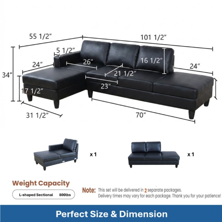 English Elm 101.5 Inch Calico Fabric Sectional Sofa with Right Chaise Ottoman and Hand-Tied Springs Black Faux Leather B082S00169