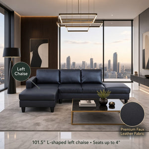 English Elm 101.5 Inch Calico Fabric Sectional Sofa with Right Chaise Ottoman and Hand-Tied Springs Black Faux Leather B082S00169
