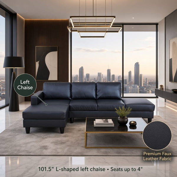 English Elm 101.5 Inch Calico Fabric Sectional Sofa with Right Chaise Ottoman and Hand-Tied Springs Black Faux Leather B082S00169