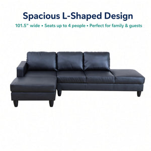 English Elm 101.5 Inch Calico Fabric Sectional Sofa with Right Chaise Ottoman and Hand-Tied Springs Black Faux Leather B082S00169