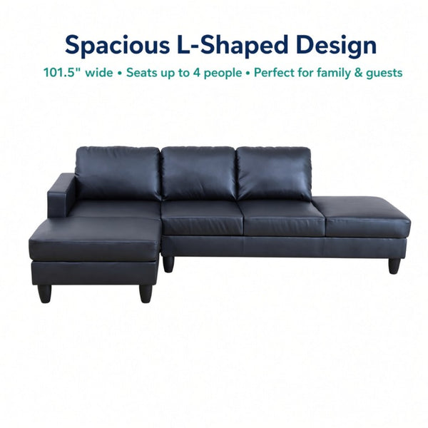 English Elm 101.5 Inch Calico Fabric Sectional Sofa with Right Chaise Ottoman and Hand-Tied Springs Black Faux Leather B082S00169