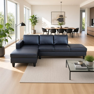 English Elm 101.5 Inch Calico Fabric Sectional Sofa with Right Chaise Ottoman and Hand-Tied Springs Black Faux Leather B082S00169