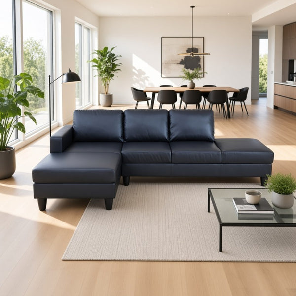 English Elm 101.5 Inch Calico Fabric Sectional Sofa with Right Chaise Ottoman and Hand-Tied Springs Black Faux Leather B082S00169