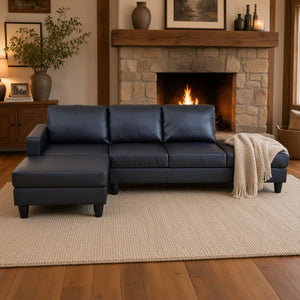 English Elm 101.5 Inch Calico Fabric Sectional Sofa with Right Chaise Ottoman and Hand-Tied Springs Black Faux Leather B082S00169