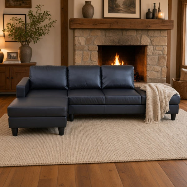 English Elm 101.5 Inch Calico Fabric Sectional Sofa with Right Chaise Ottoman and Hand-Tied Springs Black Faux Leather B082S00169