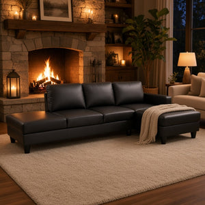 English Elm 101.5 Inch L-Shaped Sectional Sofa with Chaise Ottoman and Hand-Tied Spring Support Black Faux Leather B082S00170
