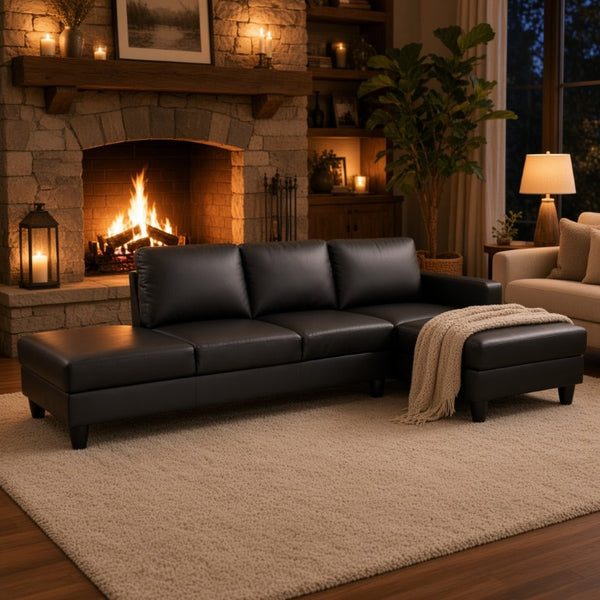 English Elm 101.5 Inch L-Shaped Sectional Sofa with Chaise Ottoman and Hand-Tied Spring Support Black Faux Leather B082S00170