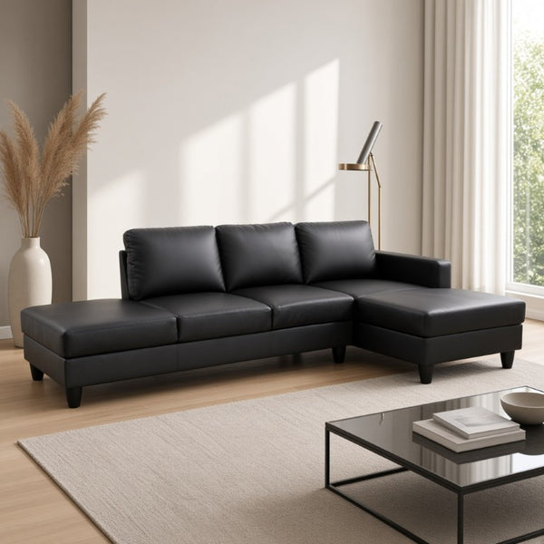 English Elm 101.5 Inch L-Shaped Sectional Sofa with Chaise Ottoman and Hand-Tied Spring Support Black Faux Leather B082S00170