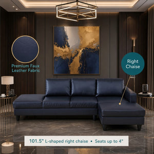 English Elm 101.5 Inch L-Shaped Sectional Sofa with Chaise Ottoman and Hand-Tied Spring Support Black Faux Leather B082S00170