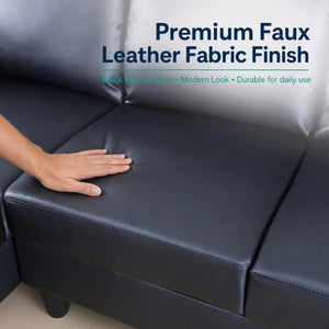 English Elm 101.5 Inch L-Shaped Sectional Sofa with Chaise Ottoman and Hand-Tied Spring Support Black Faux Leather B082S00170