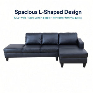 English Elm 101.5 Inch L-Shaped Sectional Sofa with Chaise Ottoman and Hand-Tied Spring Support Black Faux Leather B082S00170