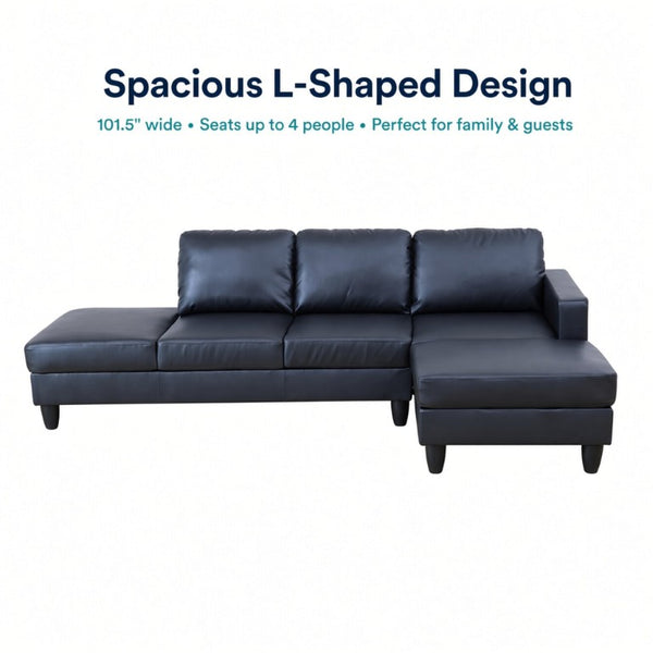 English Elm 101.5 Inch L-Shaped Sectional Sofa with Chaise Ottoman and Hand-Tied Spring Support Black Faux Leather B082S00170