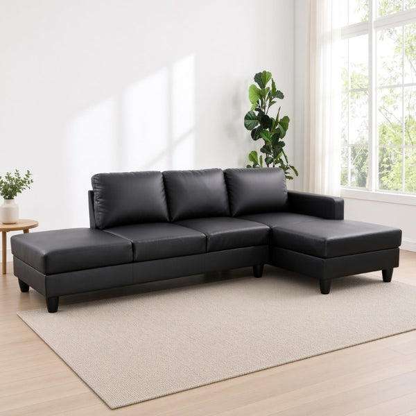 English Elm 101.5 Inch L-Shaped Sectional Sofa with Chaise Ottoman and Hand-Tied Spring Support Black Faux Leather B082S00170