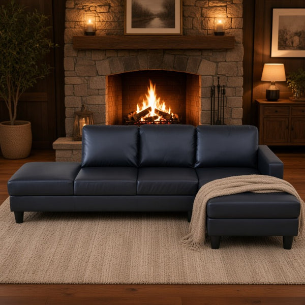 English Elm 101.5 Inch L-Shaped Sectional Sofa with Chaise Ottoman and Hand-Tied Spring Support Black Faux Leather B082S00170