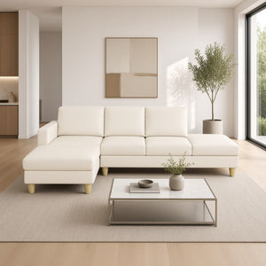 English Elm 101.5 Inch L-Shaped Sectional Sofa with Chaise Ottoman and Hand-Tied Spring Support Beige Faux Leather B082S00171