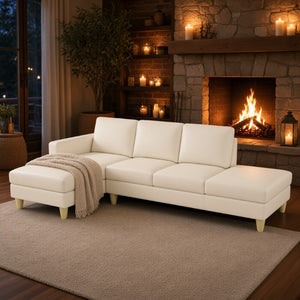 English Elm 101.5 Inch L-Shaped Sectional Sofa with Chaise Ottoman and Hand-Tied Spring Support Beige Faux Leather B082S00171