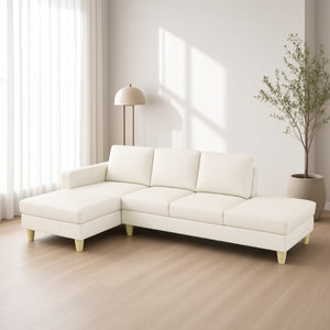 English Elm 101.5 Inch L-Shaped Sectional Sofa with Chaise Ottoman and Hand-Tied Spring Support Beige Faux Leather B082S00171