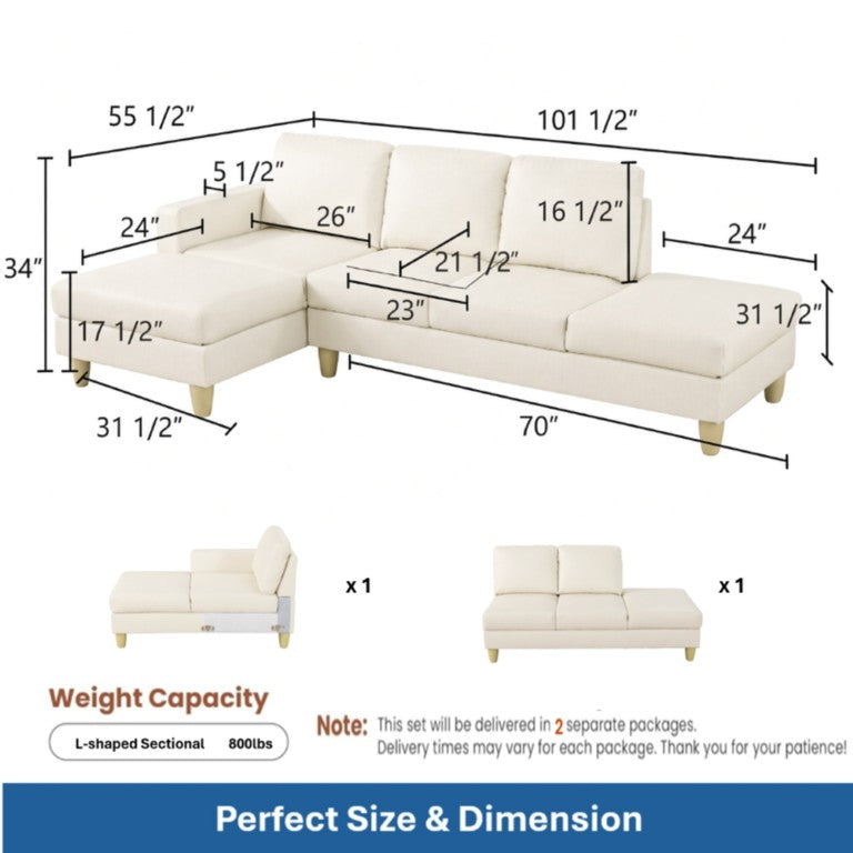 English Elm 101.5 Inch L-Shaped Sectional Sofa with Chaise Ottoman and Hand-Tied Spring Support Beige Faux Leather B082S00171