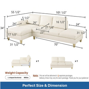 English Elm 101.5 Inch L-Shaped Sectional Sofa with Chaise Ottoman and Hand-Tied Spring Support Beige Faux Leather B082S00171